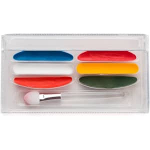 A colour painting set featuring red, blue, green, yellow, white, and orange paints, with a brush included.
