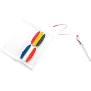A plastic case containing four paint pens in red, yellow, green, and blue, plus a brush and a piece of string.