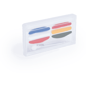A painting set with five vibrant colours—red, blue, yellow, grey—and a small applicator, contained in a clear case.