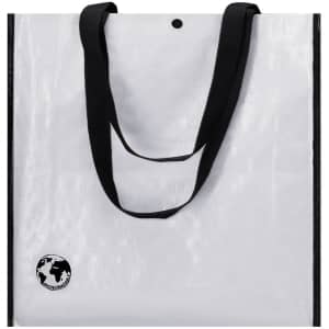 A reusable grocery bag in white with black handles and a logo featuring a globe on the side.