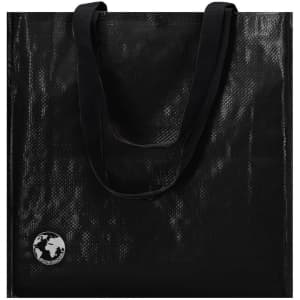 A black reusable grocery bag with sturdy straps and a circular logo on the front.