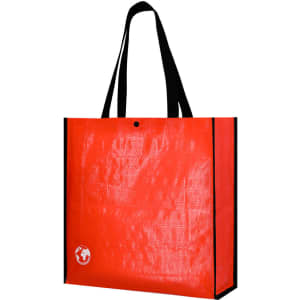 A reusable grocery bag in bright red with black handles and a logo on the side.