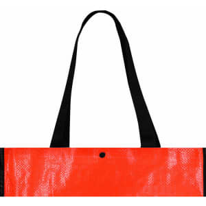A reusable grocery bag in bright orange with black straps and a small feature at the top. It has a logo.