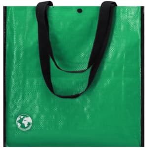 A green reusable grocery bag with black handles and a small logo on one side.