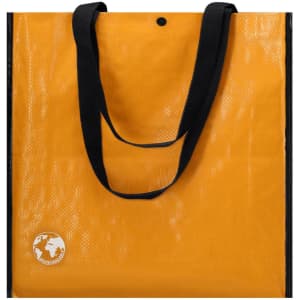 A yellow reusable grocery bag with black handles and a logo on the front.
