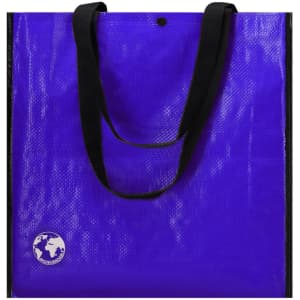 A reusable grocery bag in vibrant purple with black handles and a logo featuring a globe.