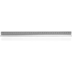 A thirty scale ruler in silver and white with measurement markings along its length. It features a logo.