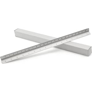 A silver thirty scale ruler displayed on top of two white boxes. The ruler features measurement markings.