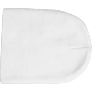 A white beanie with a simple design, featuring a smooth texture and no visible branding.
