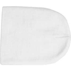 A white beanie hat with a rounded top and no visible branding.