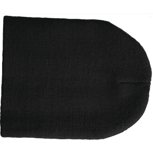 A black beanie with a rounded top, featuring a simple design and a logo.