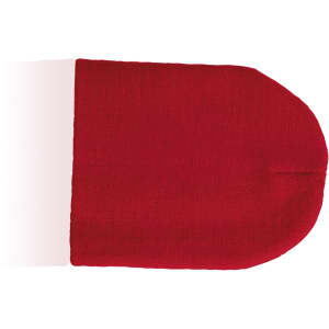A red beanie with a white cuff, featuring a logo on the side.