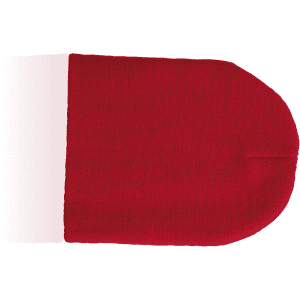 A red beanie with a folded brim and a smooth texture, featuring a logo.