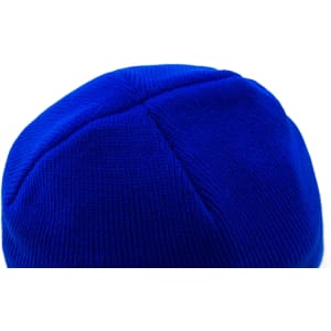 A blue beanie with a rounded top, featuring a small logo on its side.