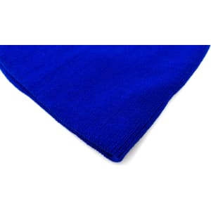 A blue beanie with a smooth texture and a folded hem, featuring a logo.