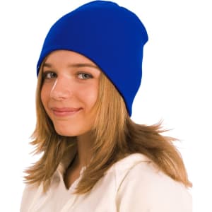 A blue beanie worn by a person with long hair, featuring a minimalist design and a branded logo.