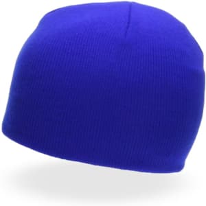 A blue beanie with a ribbed texture, featuring a logo on the side.