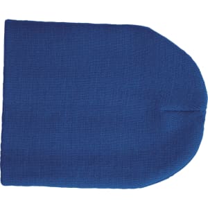 A blue beanie with a rounded top and a subtle texture, featuring a small logo.