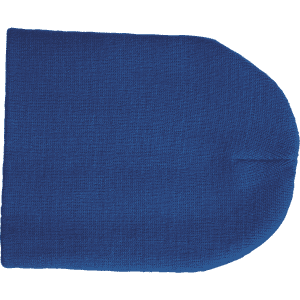 A blue beanie with a rounded top and textured fabric. It features a logo on one side.