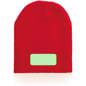 A red beanie with a rectangular area for branding or text. It has a simple, knitted design.
