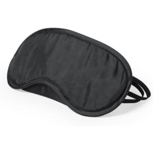 A black sleep mask with a soft texture and adjustable straps, designed for comfortable use while resting.