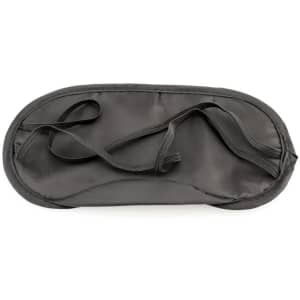 A black travel eye mask featuring elastic straps for a secure fit. It has a smooth, soft texture.