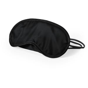 A black travel eye mask with a soft texture and adjustable straps for comfort. Features a logo on the side.