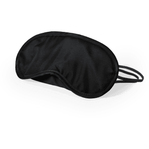 A black travel eye mask with a soft finish and adjustable straps for comfort, featuring a logo.