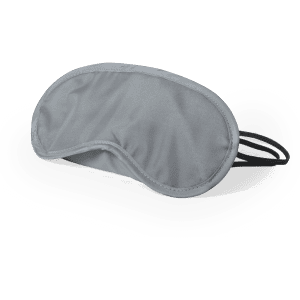 A grey travel eye mask with an elastic band for a secure fit. It features a logo on the side.