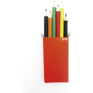 A set of coloured pencils in an orange box, featuring black, green, yellow, red, and orange pencils.