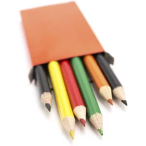 A set of six grey-lead pencils in various colours, packaged in an orange case.