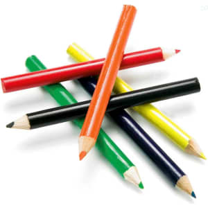 A set of six coloured pencils in green, yellow, red, orange, black, and blue, arranged in a star pattern.