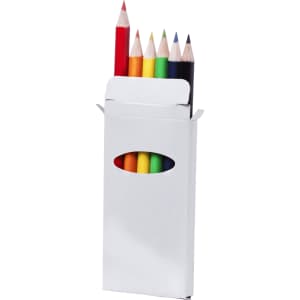 A pencil set in a white box featuring six coloured pencils and one black pencil, showcasing vibrant hues.