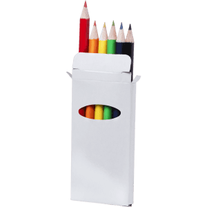 A pencil set featuring seven coloured pencils in a white packaging with a cut-out design.