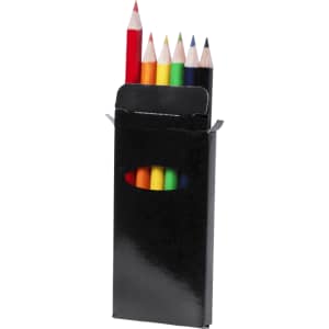 A black pencil set containing eight coloured pencils in red, green, blue, yellow, orange, and purple.
