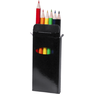 A pencil set in a black box, featuring six wooden pencils in various colours: red, yellow, green, blue, orange, and purple.