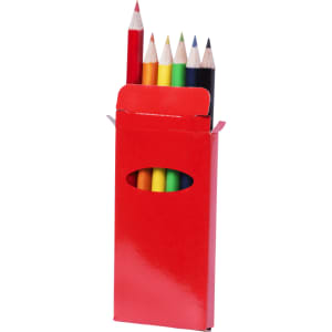 A red box containing a set of coloured pencils in various colours, including red, yellow, green, blue, and black.