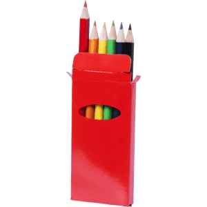 A pencil set in a red box featuring grey-lead pencils in various colours: yellow, green, blue, black, red, and orange.