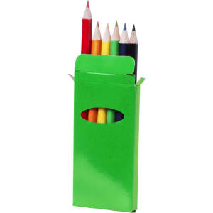 A green box containing a set of seven coloured pencils in various hues, including red, yellow, and blue.