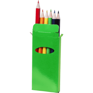 A green box containing a set of coloured pencils in various shades, including red, yellow, green, and blue.