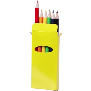 A yellow box containing a set of coloured pencils in various colours, including red, blue, and green.