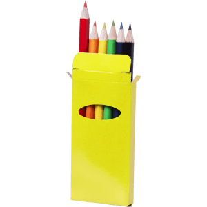A pencil set in a yellow box featuring six pencils in various colours: red, orange, yellow, green, blue, and black.