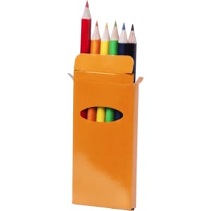 A pencil set in an orange box, featuring six colour pencils: red, green, blue, yellow, orange, and black.