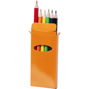 A pencil set in an orange box containing six coloured pencils: red, green, yellow, blue, black, and white.