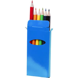 A blue box containing a set of colourful pencils, including red, yellow, green, orange, blue, and black.