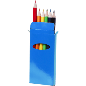 A pencil set in a blue box, featuring eight coloured pencils including red, green, yellow, and black.