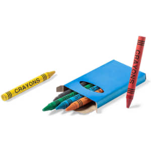 A blue packaging containing several crayons in green, red, orange, and yellow, with one crayon outside the pack.