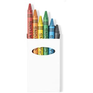 A set of five crayons in red, orange, yellow, green, and blue, presented in a white holder with a logo.