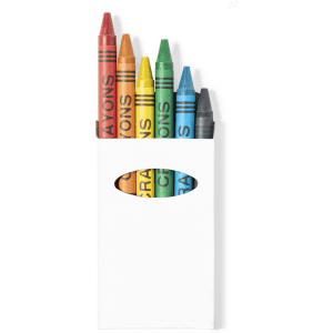 A set of six crayons in vibrant colours—red, orange, yellow, green, blue, and black—housed in a white box with a window.