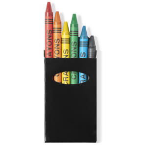 A black crayon holder containing five crayons in red, orange, yellow, green, and blue, plus a grey crayon.